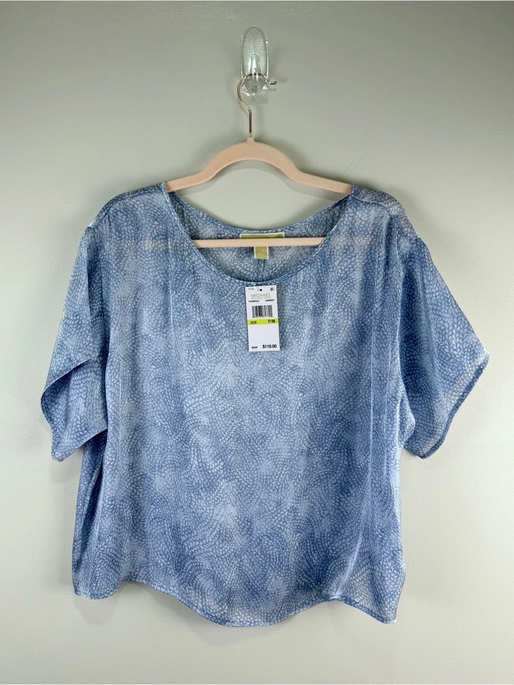 Michael Kors Petite Medium Blue Floral Print Blouse Short Sleeve Casual Top NWT